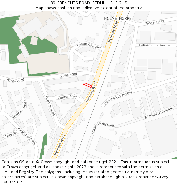 89, FRENCHES ROAD, REDHILL, RH1 2HS: Location map and indicative extent of plot