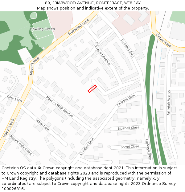 89, FRIARWOOD AVENUE, PONTEFRACT, WF8 1AY: Location map and indicative extent of plot