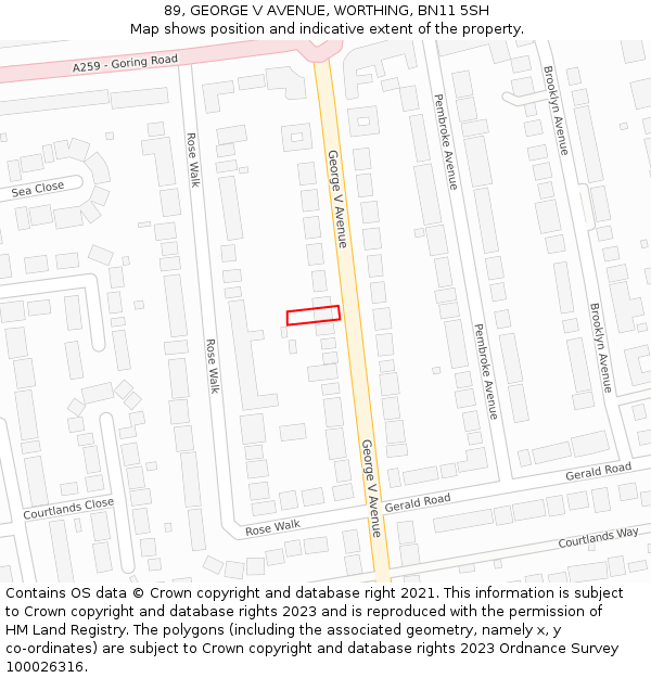 89, GEORGE V AVENUE, WORTHING, BN11 5SH: Location map and indicative extent of plot