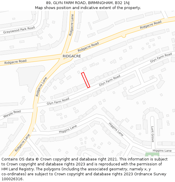 89, GLYN FARM ROAD, BIRMINGHAM, B32 1NJ: Location map and indicative extent of plot