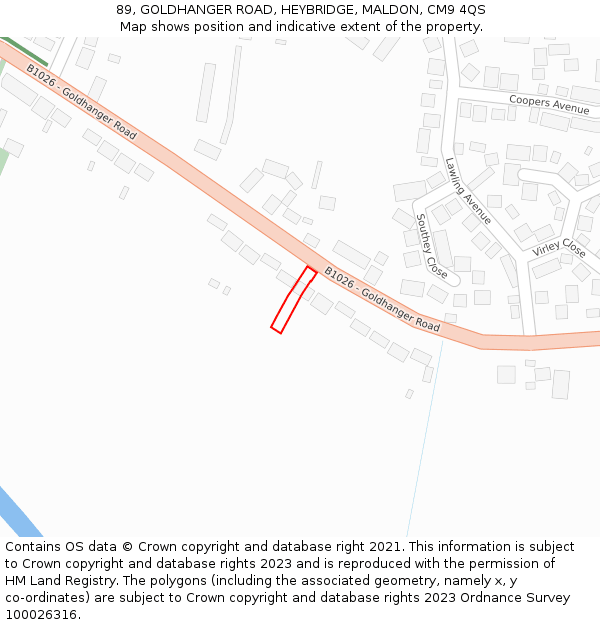 89, GOLDHANGER ROAD, HEYBRIDGE, MALDON, CM9 4QS: Location map and indicative extent of plot