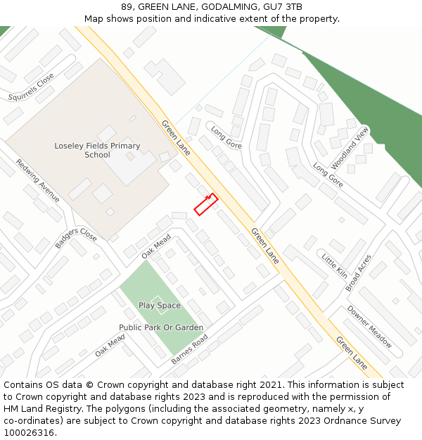 89, GREEN LANE, GODALMING, GU7 3TB: Location map and indicative extent of plot