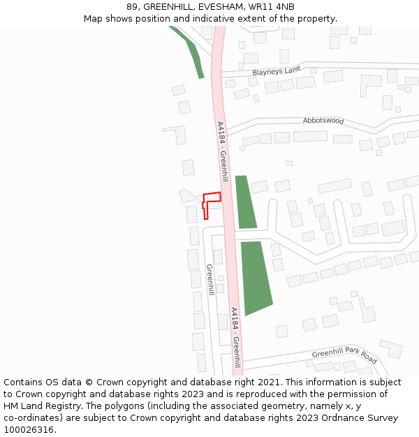 89, GREENHILL, EVESHAM, WR11 4NB: Location map and indicative extent of plot