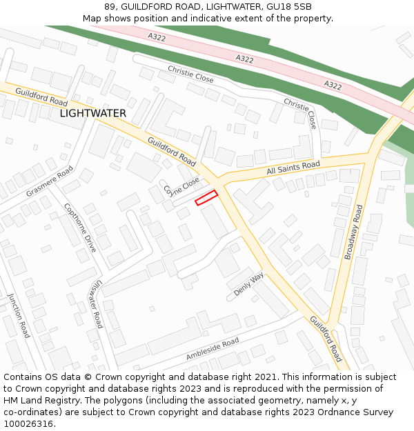 89, GUILDFORD ROAD, LIGHTWATER, GU18 5SB: Location map and indicative extent of plot