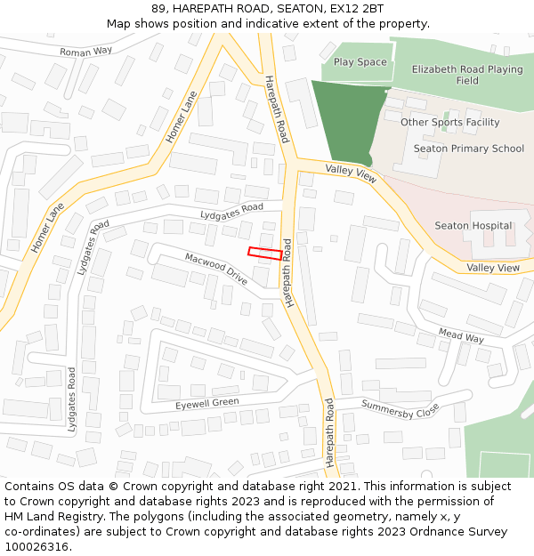 89, HAREPATH ROAD, SEATON, EX12 2BT: Location map and indicative extent of plot