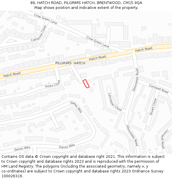 89, HATCH ROAD, PILGRIMS HATCH, BRENTWOOD, CM15 9QA: Location map and indicative extent of plot