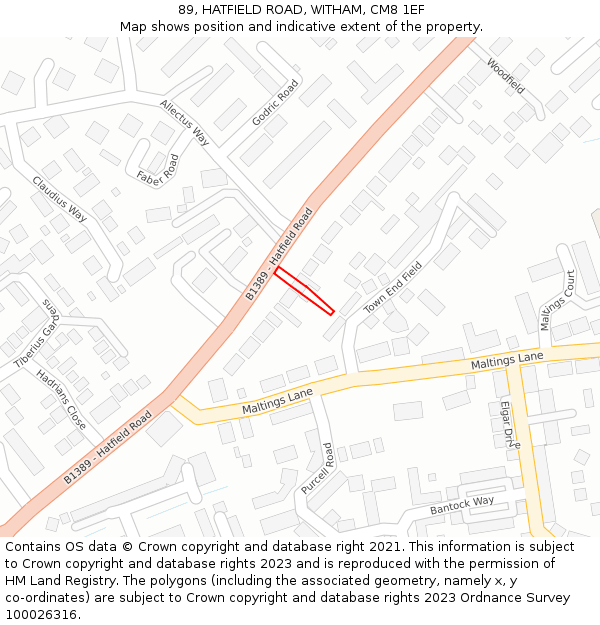 89, HATFIELD ROAD, WITHAM, CM8 1EF: Location map and indicative extent of plot