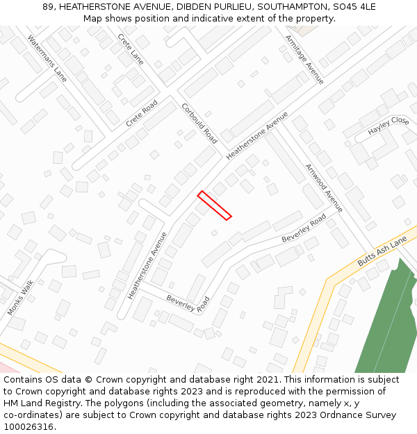 89, HEATHERSTONE AVENUE, DIBDEN PURLIEU, SOUTHAMPTON, SO45 4LE: Location map and indicative extent of plot