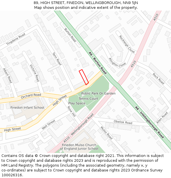 89, HIGH STREET, FINEDON, WELLINGBOROUGH, NN9 5JN: Location map and indicative extent of plot