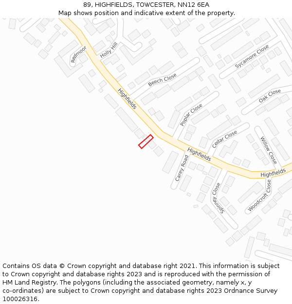 89, HIGHFIELDS, TOWCESTER, NN12 6EA: Location map and indicative extent of plot