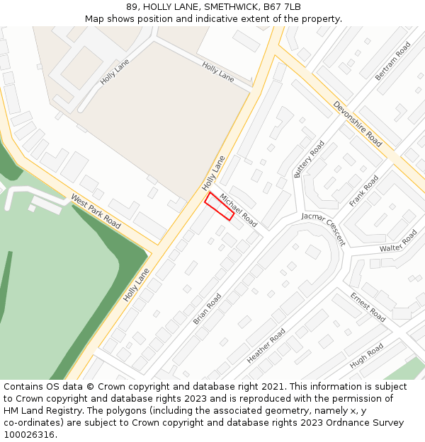 89, HOLLY LANE, SMETHWICK, B67 7LB: Location map and indicative extent of plot