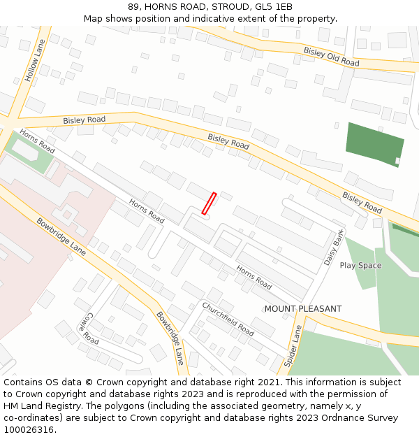 89, HORNS ROAD, STROUD, GL5 1EB: Location map and indicative extent of plot