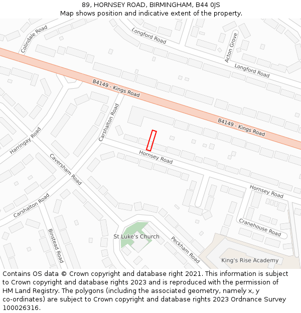 89, HORNSEY ROAD, BIRMINGHAM, B44 0JS: Location map and indicative extent of plot