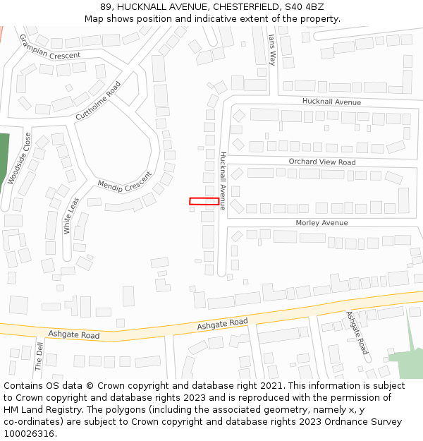 89, HUCKNALL AVENUE, CHESTERFIELD, S40 4BZ: Location map and indicative extent of plot