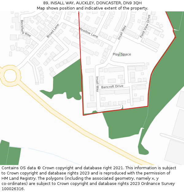 89, INSALL WAY, AUCKLEY, DONCASTER, DN9 3QH: Location map and indicative extent of plot