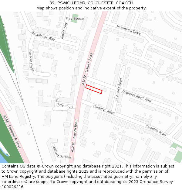 89, IPSWICH ROAD, COLCHESTER, CO4 0EH: Location map and indicative extent of plot