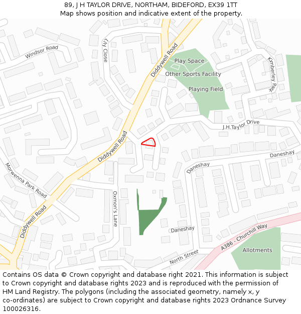 89, J H TAYLOR DRIVE, NORTHAM, BIDEFORD, EX39 1TT: Location map and indicative extent of plot