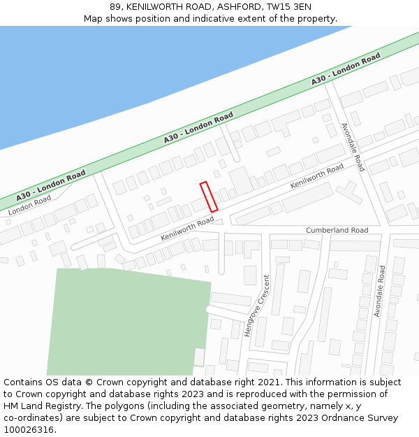 89, KENILWORTH ROAD, ASHFORD, TW15 3EN: Location map and indicative extent of plot