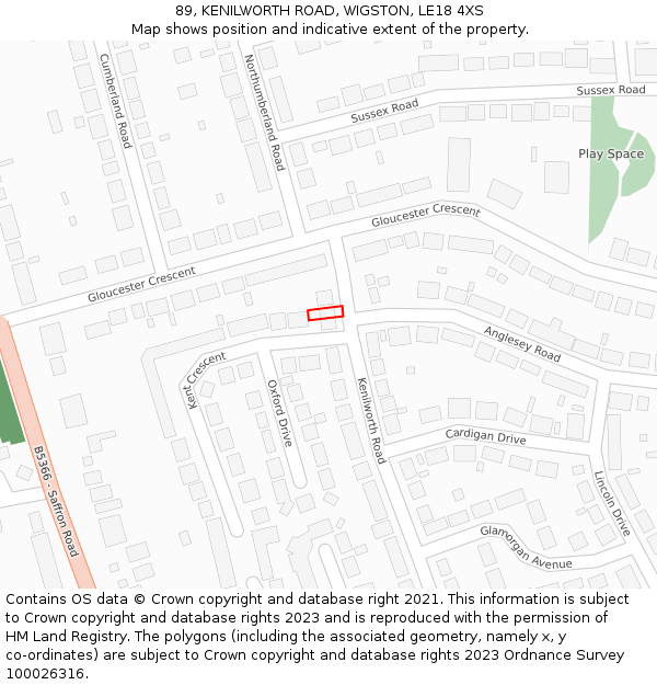 89, KENILWORTH ROAD, WIGSTON, LE18 4XS: Location map and indicative extent of plot