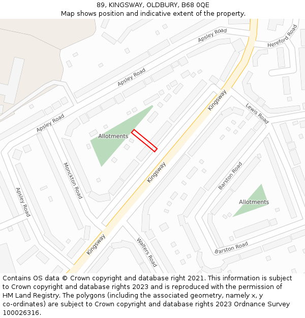 89, KINGSWAY, OLDBURY, B68 0QE: Location map and indicative extent of plot