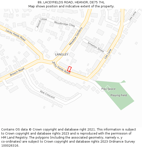 89, LACEYFIELDS ROAD, HEANOR, DE75 7HL: Location map and indicative extent of plot