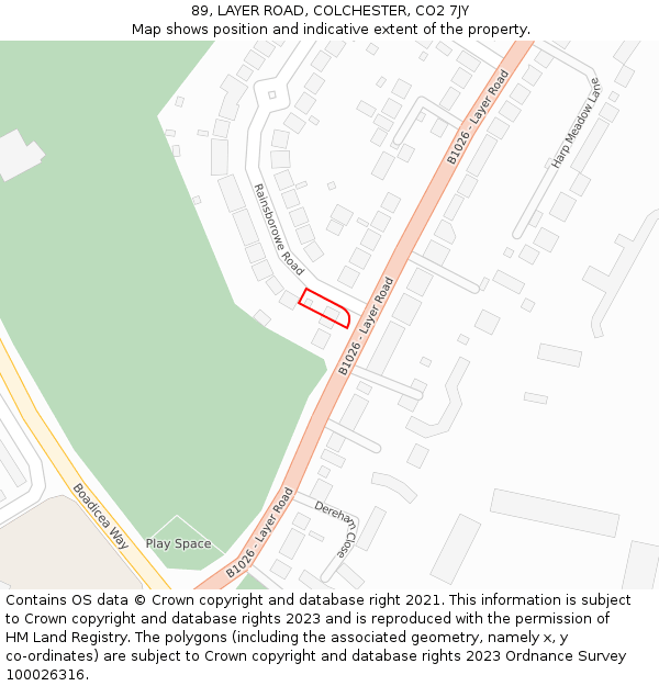 89, LAYER ROAD, COLCHESTER, CO2 7JY: Location map and indicative extent of plot