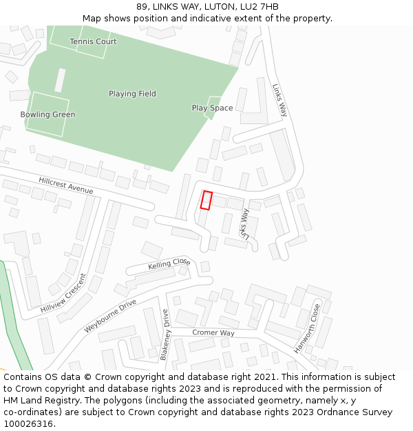 89, LINKS WAY, LUTON, LU2 7HB: Location map and indicative extent of plot
