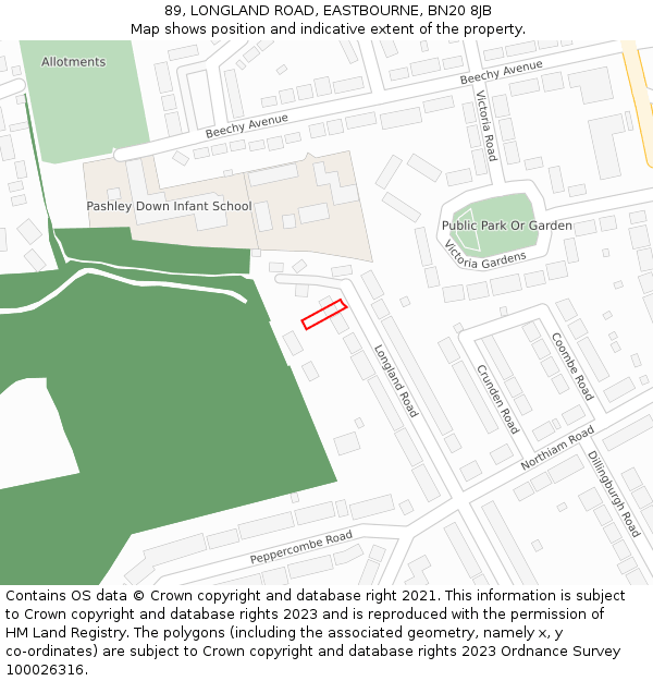 89, LONGLAND ROAD, EASTBOURNE, BN20 8JB: Location map and indicative extent of plot