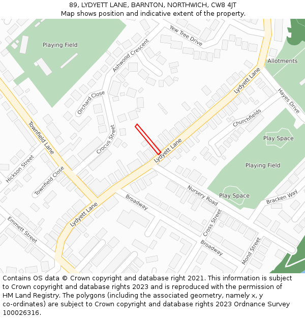 89, LYDYETT LANE, BARNTON, NORTHWICH, CW8 4JT: Location map and indicative extent of plot