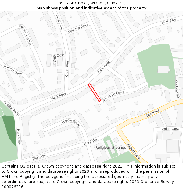 89, MARK RAKE, WIRRAL, CH62 2DJ: Location map and indicative extent of plot