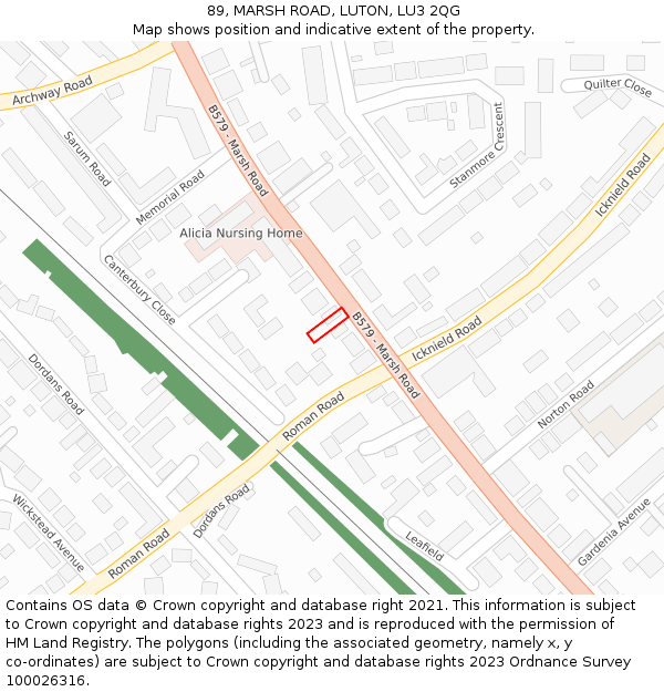 89, MARSH ROAD, LUTON, LU3 2QG: Location map and indicative extent of plot