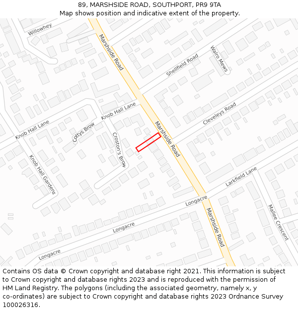 89, MARSHSIDE ROAD, SOUTHPORT, PR9 9TA: Location map and indicative extent of plot