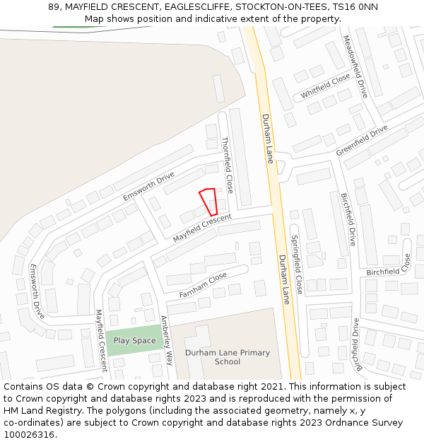 89, MAYFIELD CRESCENT, EAGLESCLIFFE, STOCKTON-ON-TEES, TS16 0NN: Location map and indicative extent of plot