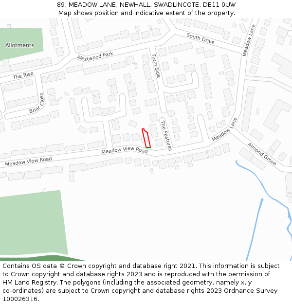 89, MEADOW LANE, NEWHALL, SWADLINCOTE, DE11 0UW: Location map and indicative extent of plot