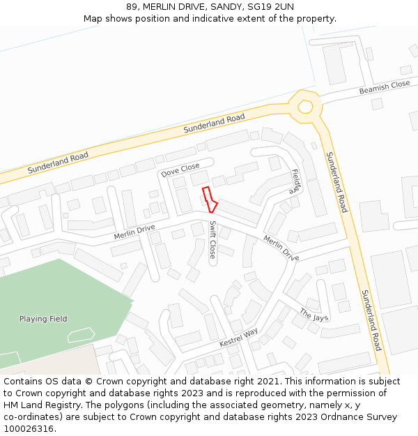 89, MERLIN DRIVE, SANDY, SG19 2UN: Location map and indicative extent of plot