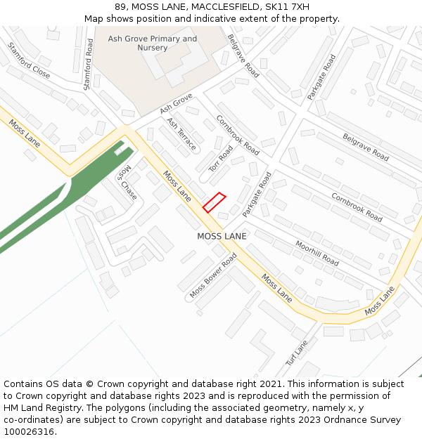 89, MOSS LANE, MACCLESFIELD, SK11 7XH: Location map and indicative extent of plot