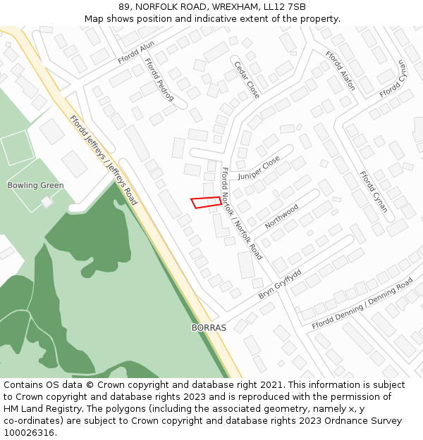 89, NORFOLK ROAD, WREXHAM, LL12 7SB: Location map and indicative extent of plot