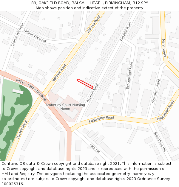 89, OAKFIELD ROAD, BALSALL HEATH, BIRMINGHAM, B12 9PY: Location map and indicative extent of plot