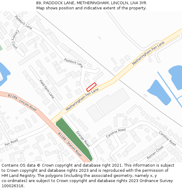 89, PADDOCK LANE, METHERINGHAM, LINCOLN, LN4 3YR: Location map and indicative extent of plot