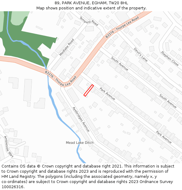 89, PARK AVENUE, EGHAM, TW20 8HL: Location map and indicative extent of plot