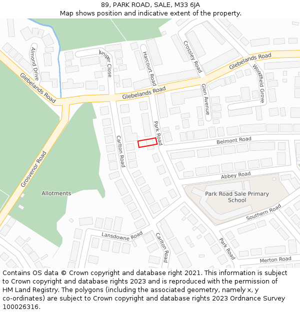 89, PARK ROAD, SALE, M33 6JA: Location map and indicative extent of plot