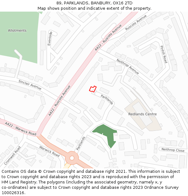 89, PARKLANDS, BANBURY, OX16 2TD: Location map and indicative extent of plot