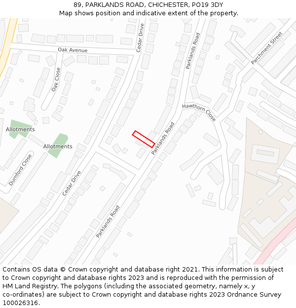 89, PARKLANDS ROAD, CHICHESTER, PO19 3DY: Location map and indicative extent of plot