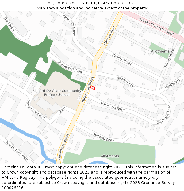 89, PARSONAGE STREET, HALSTEAD, CO9 2JT: Location map and indicative extent of plot