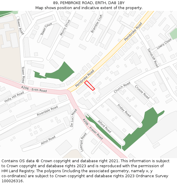 89, PEMBROKE ROAD, ERITH, DA8 1BY: Location map and indicative extent of plot