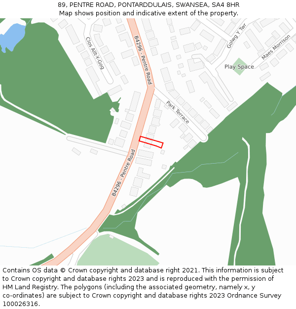 89, PENTRE ROAD, PONTARDDULAIS, SWANSEA, SA4 8HR: Location map and indicative extent of plot