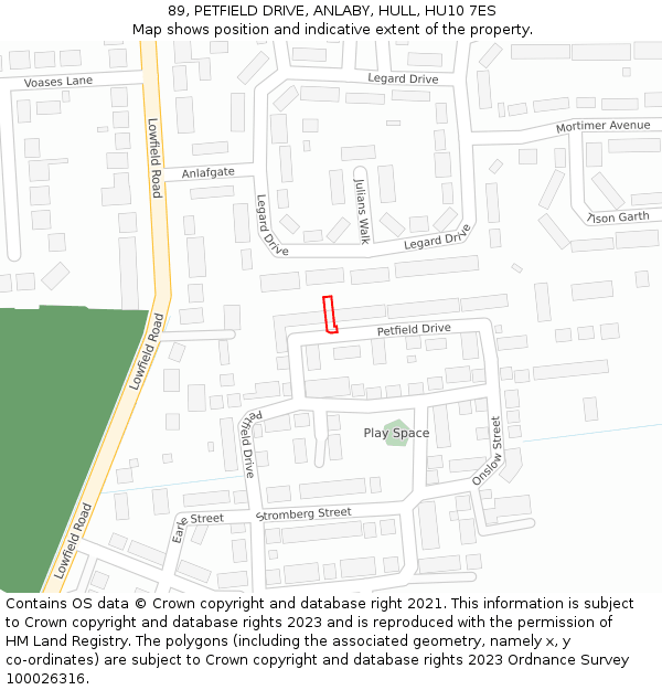 89, PETFIELD DRIVE, ANLABY, HULL, HU10 7ES: Location map and indicative extent of plot