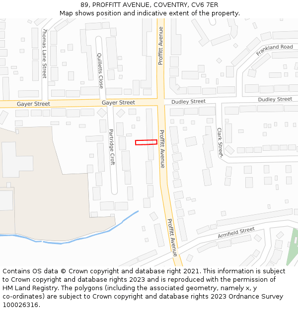 89, PROFFITT AVENUE, COVENTRY, CV6 7ER: Location map and indicative extent of plot