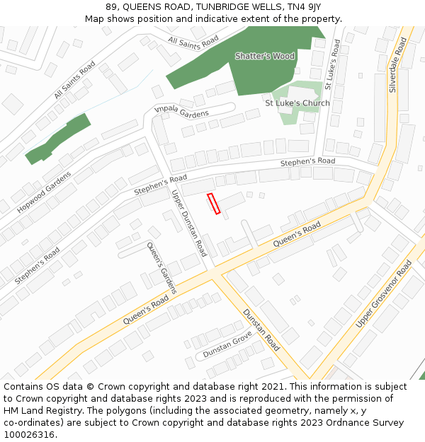 89, QUEENS ROAD, TUNBRIDGE WELLS, TN4 9JY: Location map and indicative extent of plot