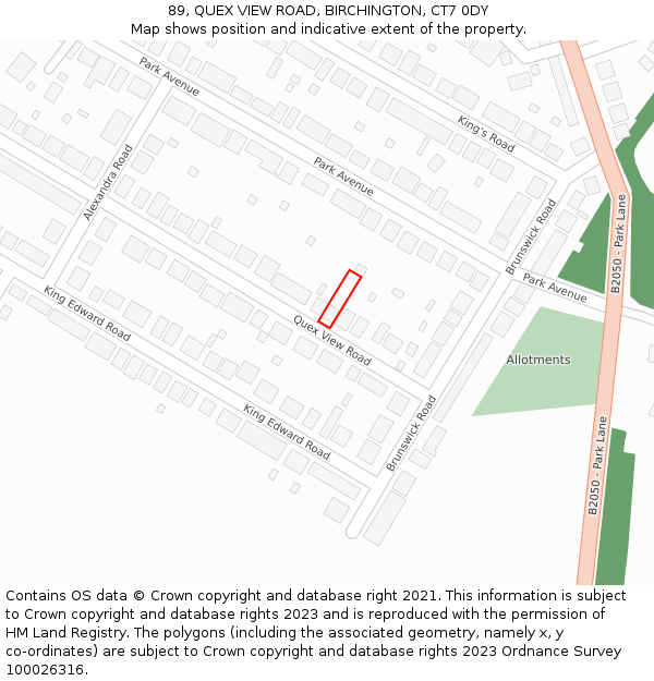 89, QUEX VIEW ROAD, BIRCHINGTON, CT7 0DY: Location map and indicative extent of plot